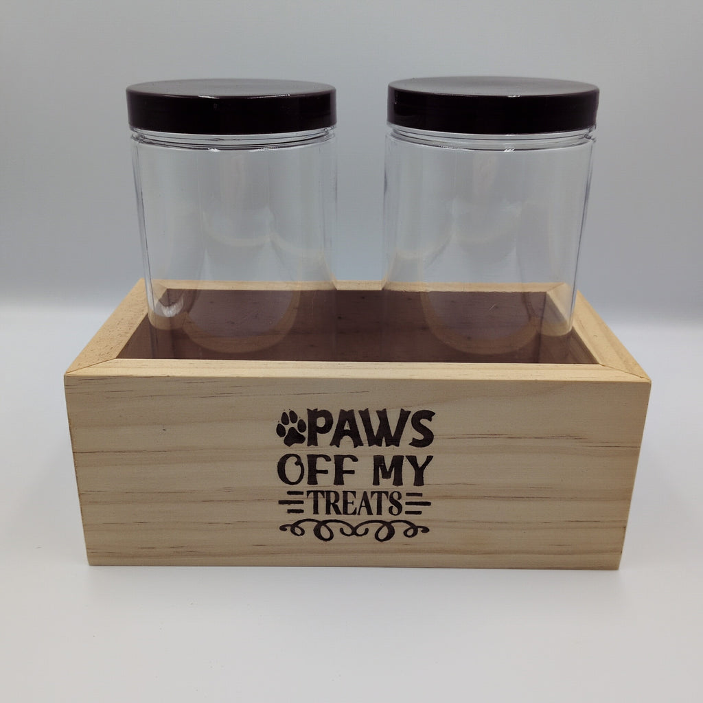 Wooden Dog Treat Box Front View with Two Jars
