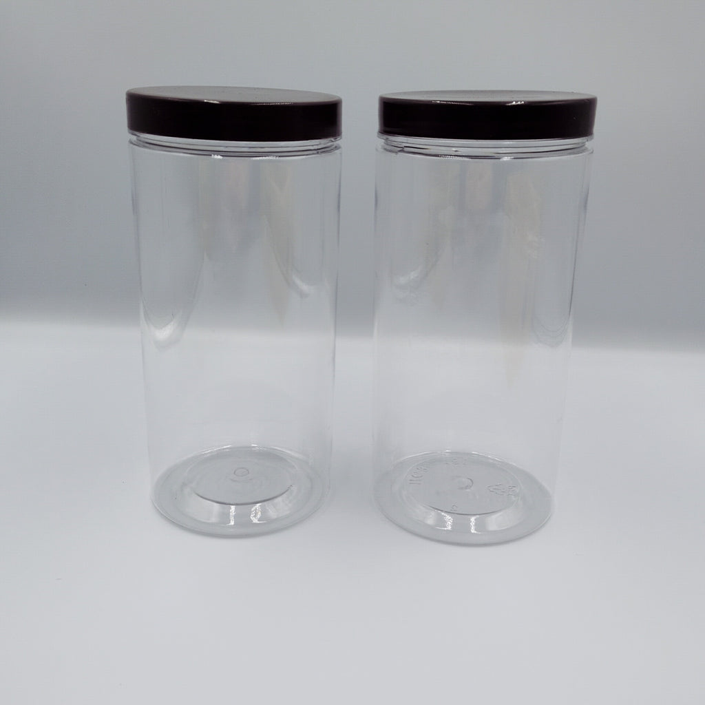 Two clear plastic jars for dog treats