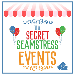 Logo for 'The Secret Seamstress Events' with a striped canopy, balloons, and text.