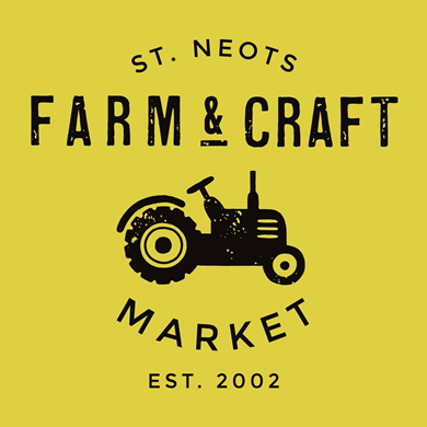 Logo of St. Neots Farm & Craft Market with a tractor illustration on a yellow background